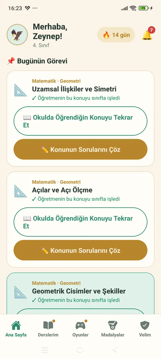Muid Öğrenci: Bugünün Görevi listesi, tekrar ve soru çözme düğmeleri