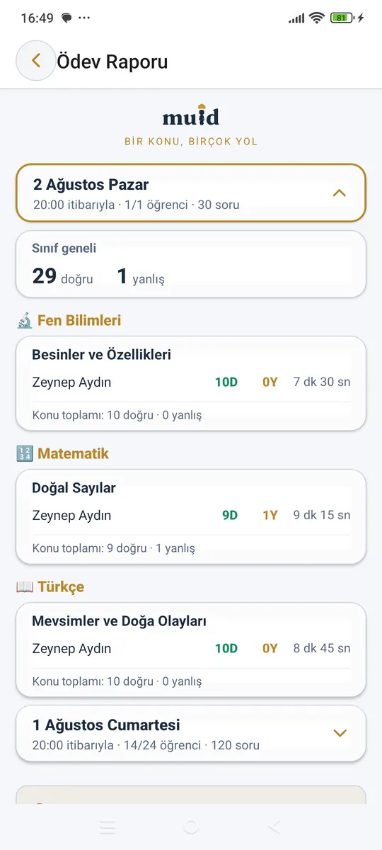 Muid Öğretmen: günün ödev raporu, ders ders ve öğrenci öğrenci döküm