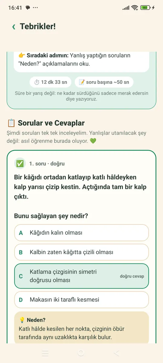 Muid Öğrenci: cevaplanmış bir soru, doğru şık ve nedenini anlatan açıklama kutusu